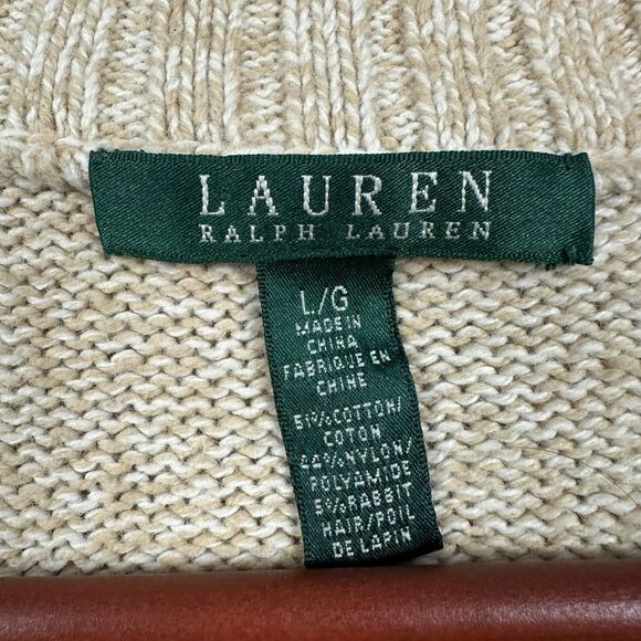 Lauren Ralph Womens Large Button Long Cardigan Sweater Tan Cotton Rabbit Knit - Picture 2 of 3